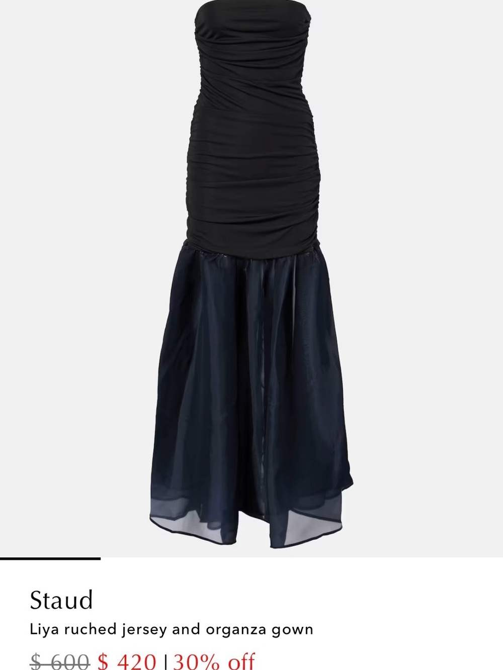 STAUD Black Ruched Jersey Top with Sheer Navy Organza Maxi Skirt - Picture 4 of 12